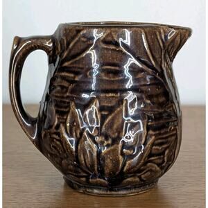 McCoy Water Lily Pitcher Brown Pottery Embossed Design Vintage #124 Made In USA